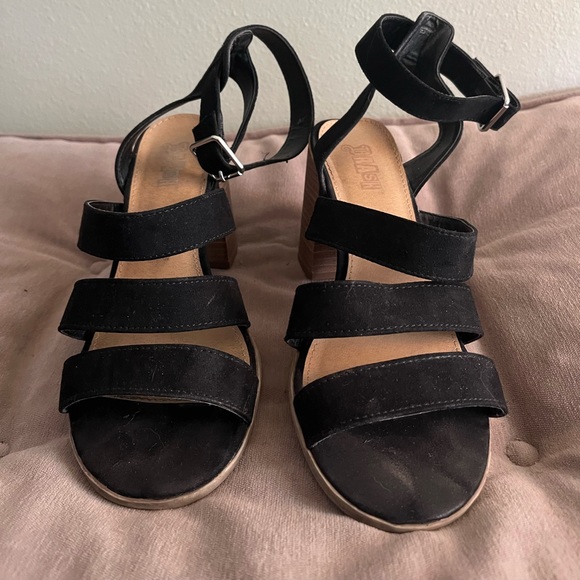 Brash black faux suede sandals SZ 7 sandals with wood heals. - Picture 1 of 7